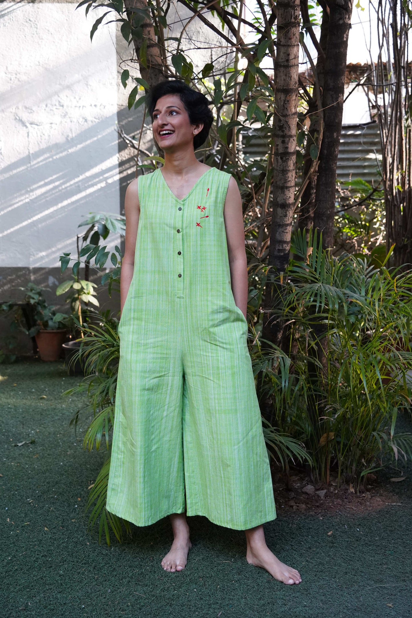 Hop-in green checkered cotton jumpsuit