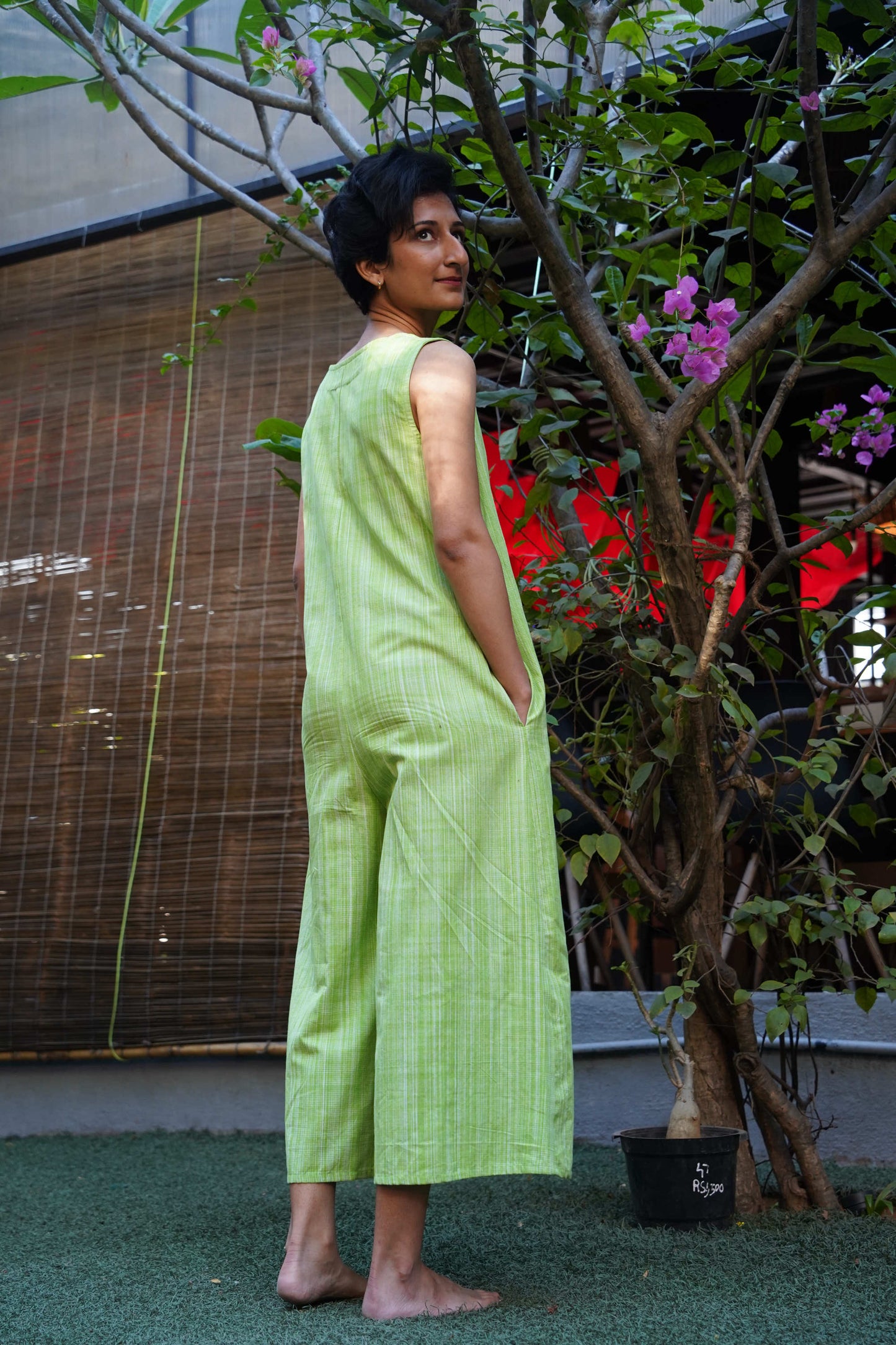 Hop-in green checkered cotton jumpsuit