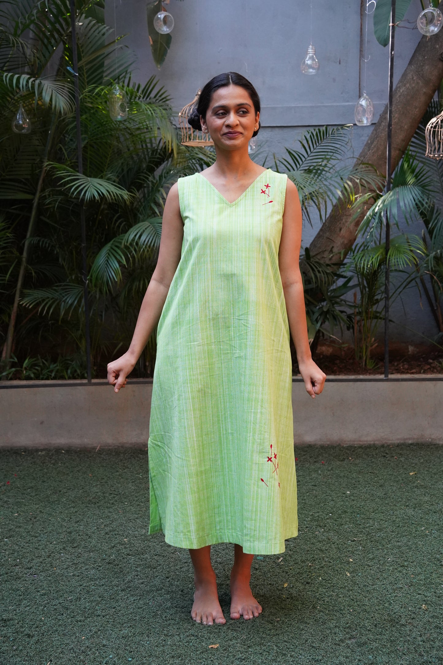 Green handloom cotton checks A line dress