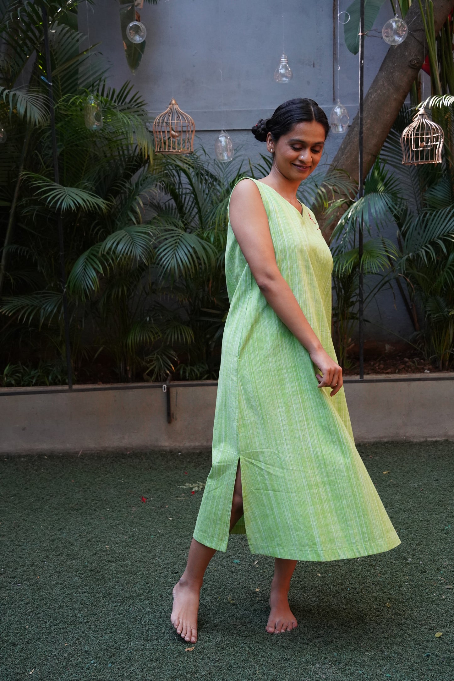 Green handloom cotton checks A line dress