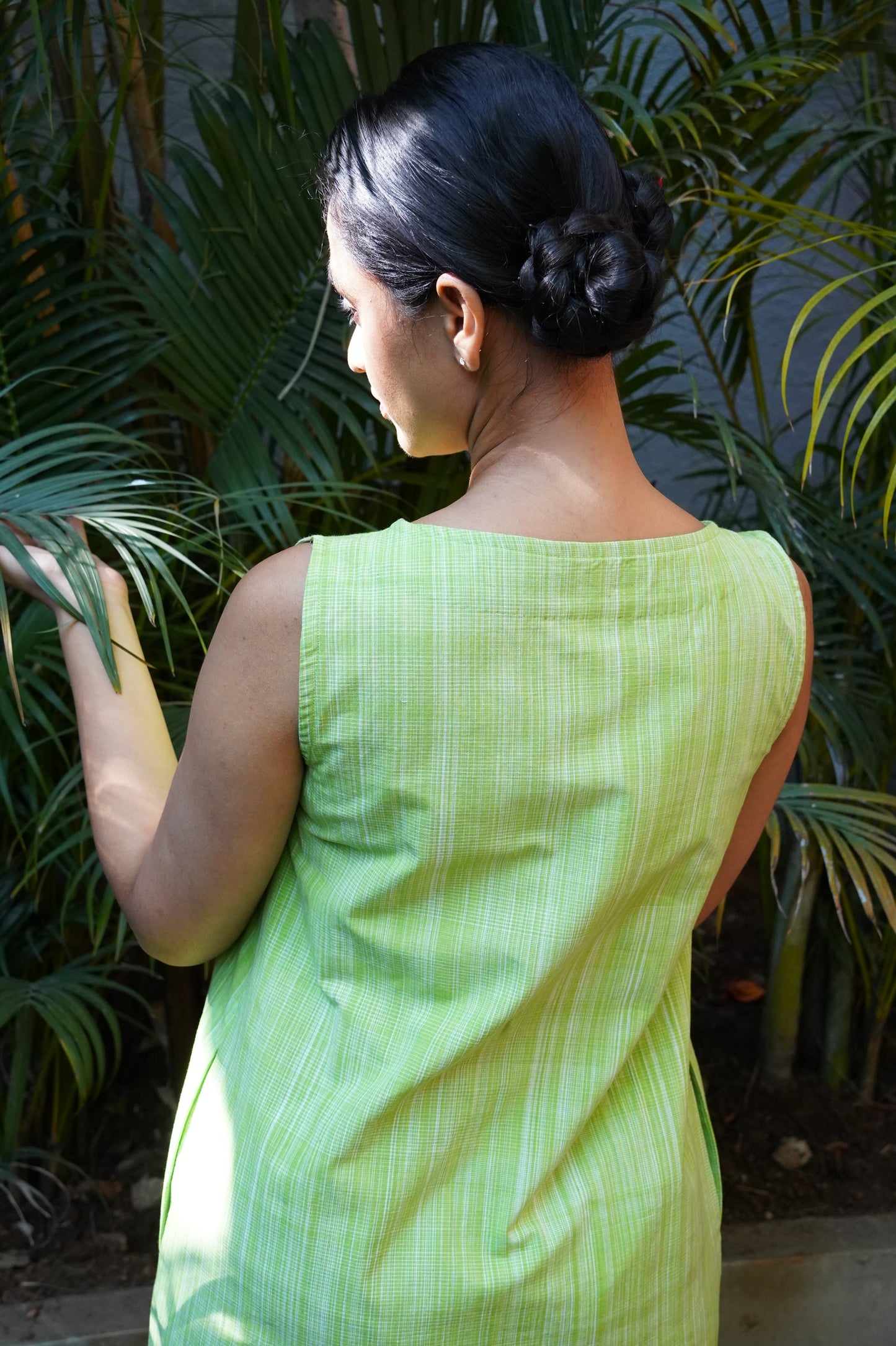 Green handloom cotton checks A line dress