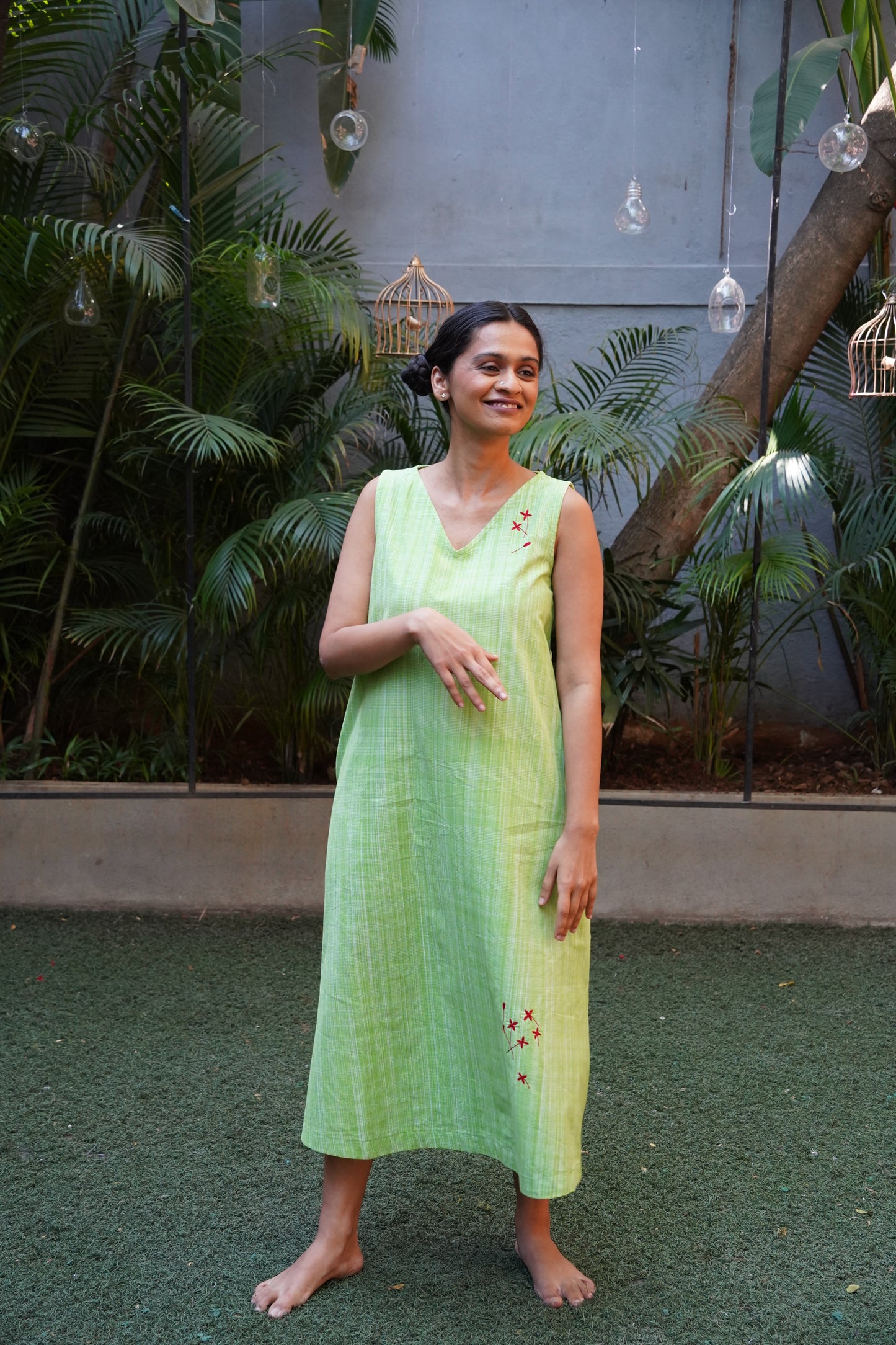 Green handloom cotton checks A line dress