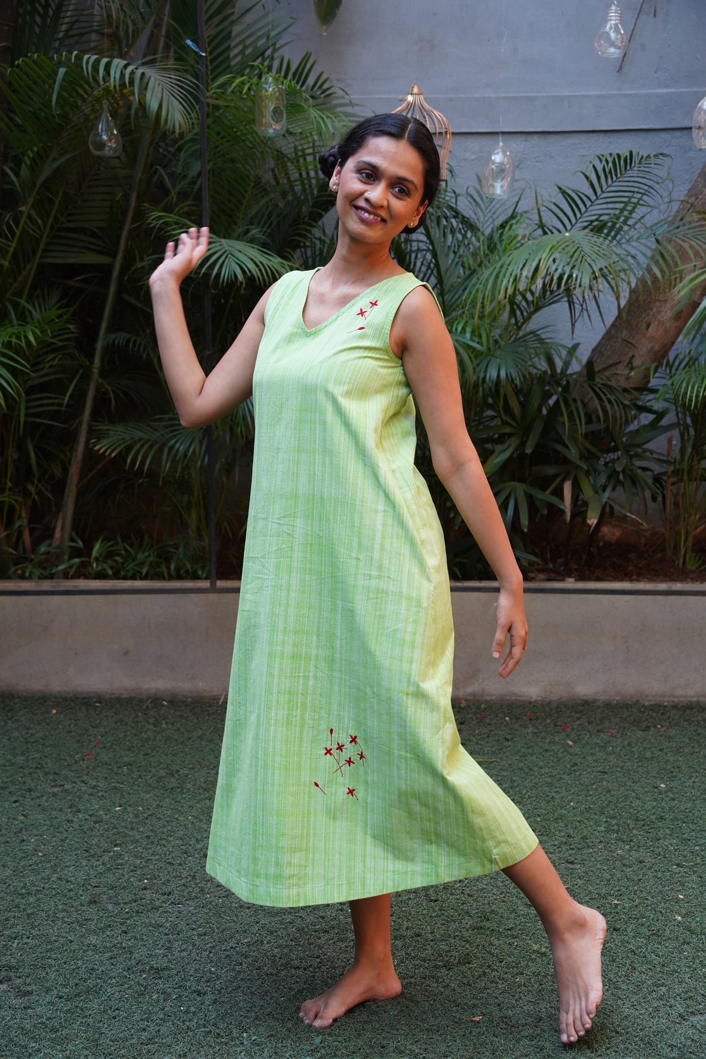 Green handloom cotton checks A line dress