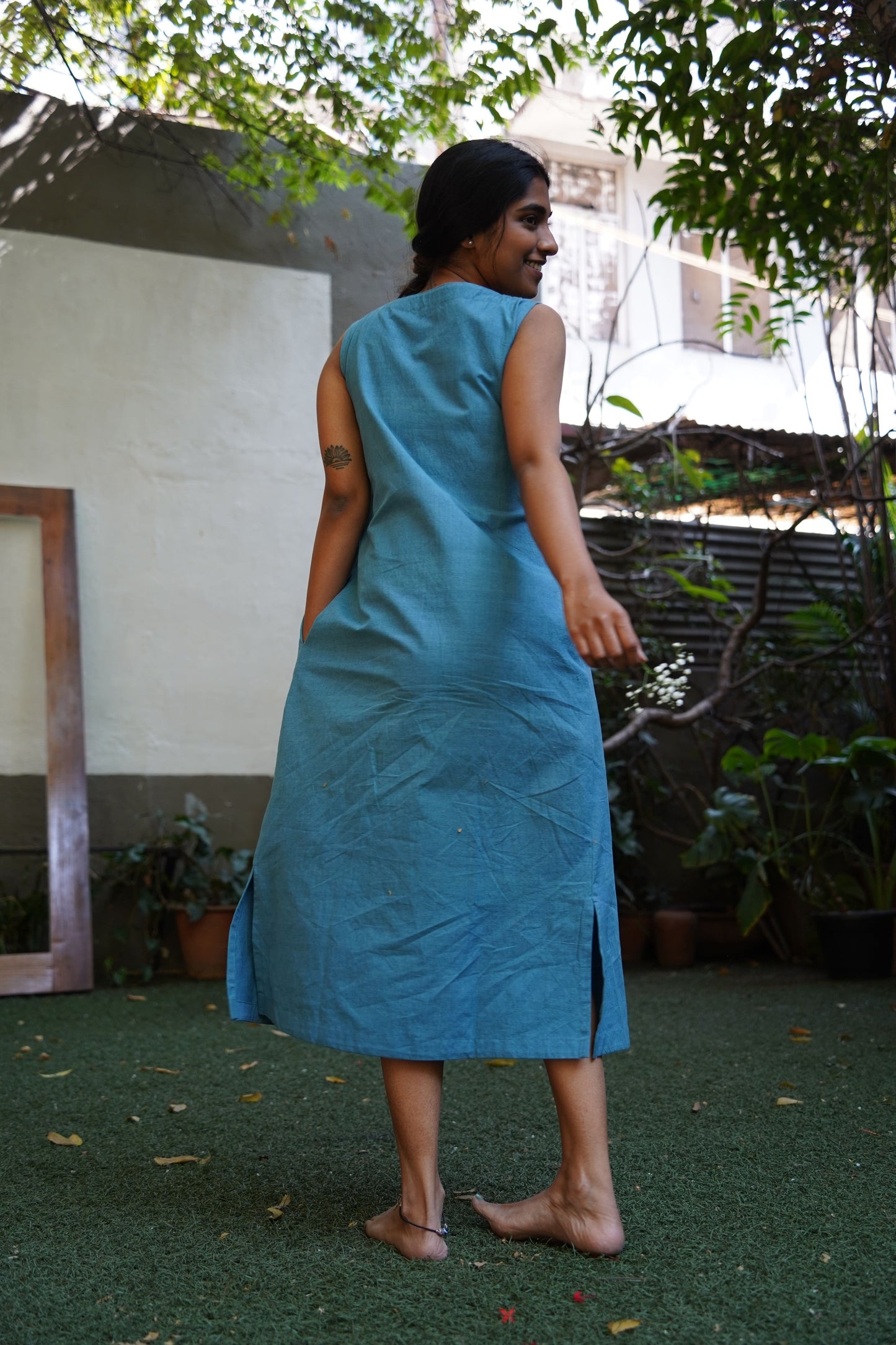 Chembarathi teal cotton A line dress