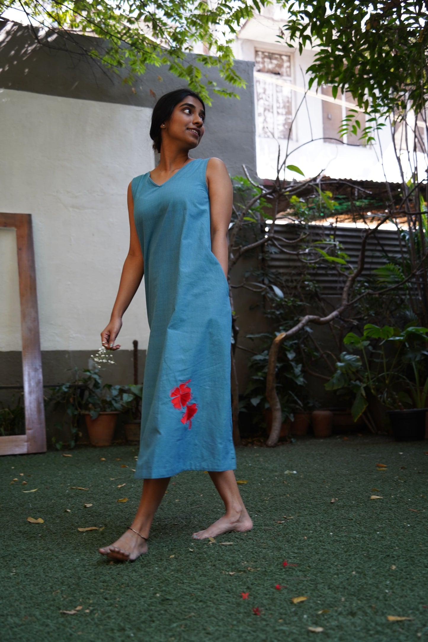 Chembarathi teal cotton A line dress