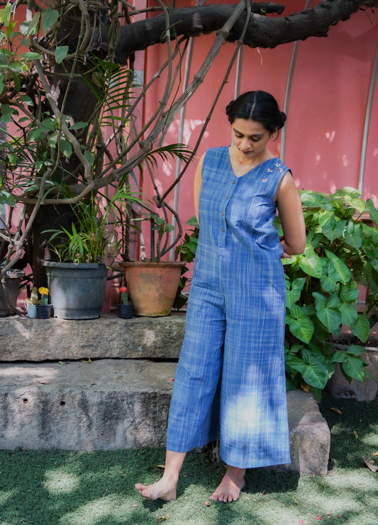 Hop-in blue checkered cotton jumpsuit