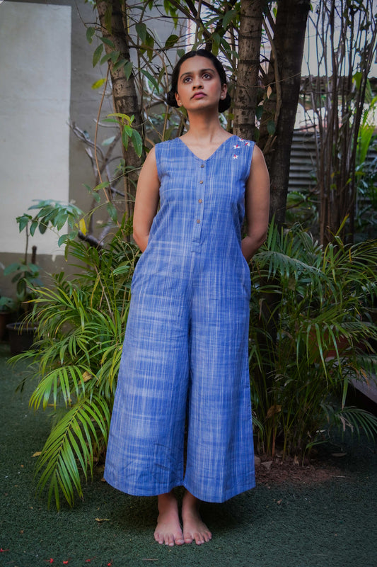 Hop-in blue checkered cotton jumpsuit