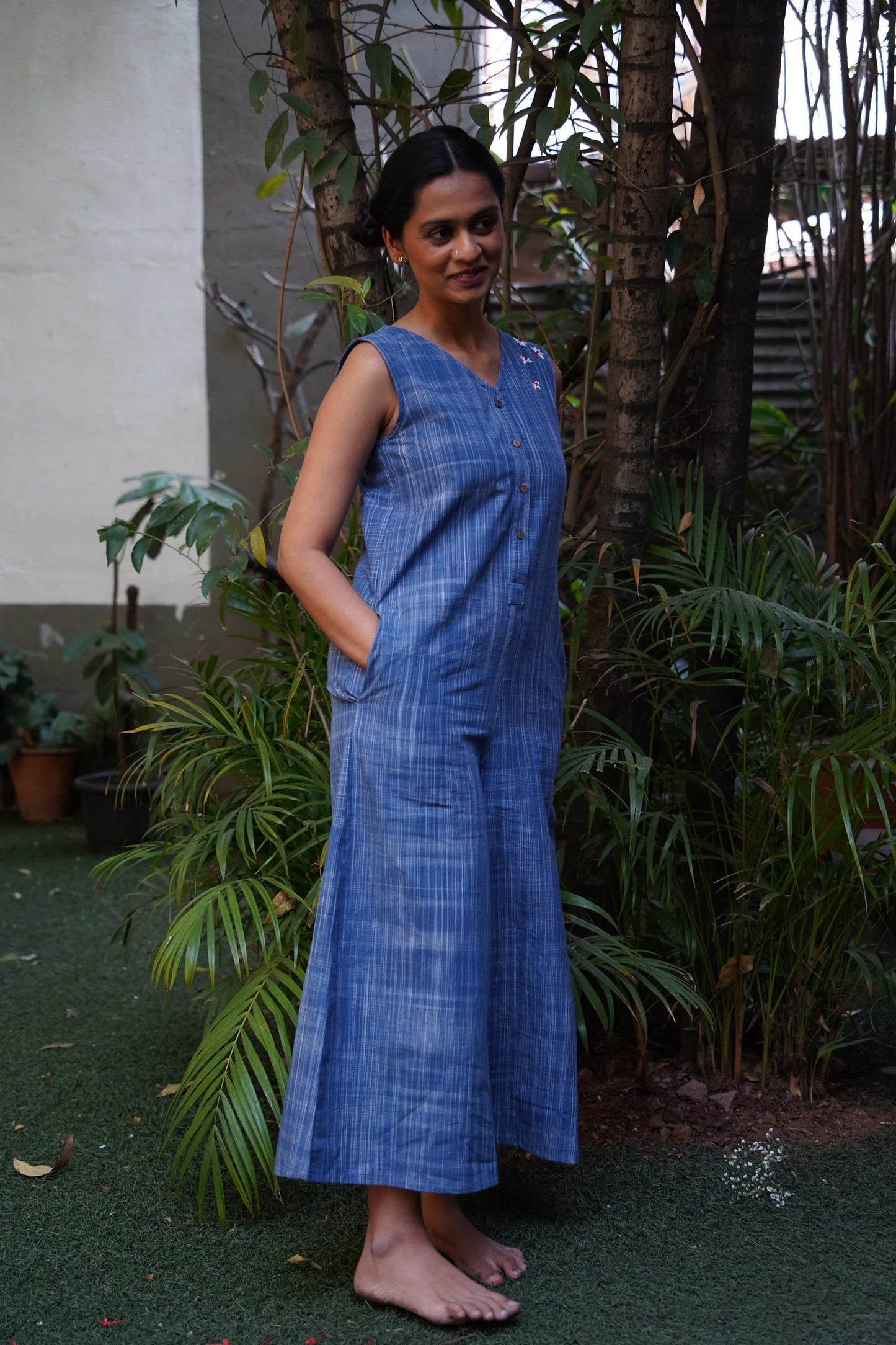 Hop-in blue checkered cotton jumpsuit