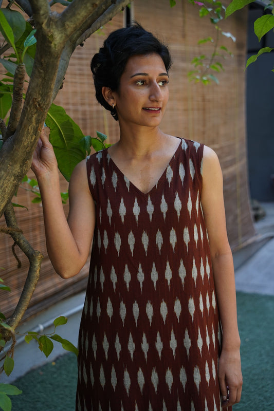 Dark brown ikat cotton A line dress