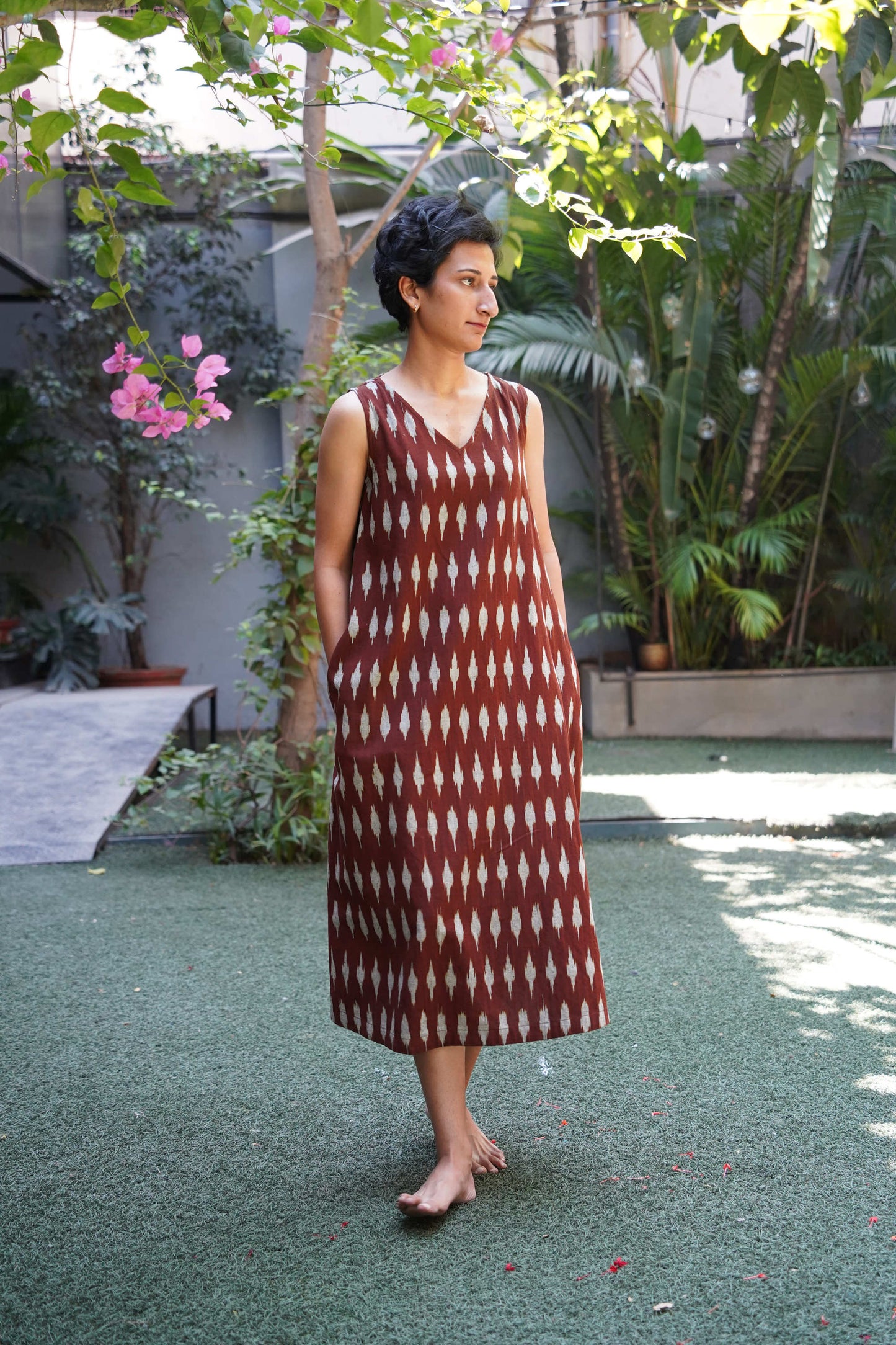 Dark brown ikat cotton A line dress