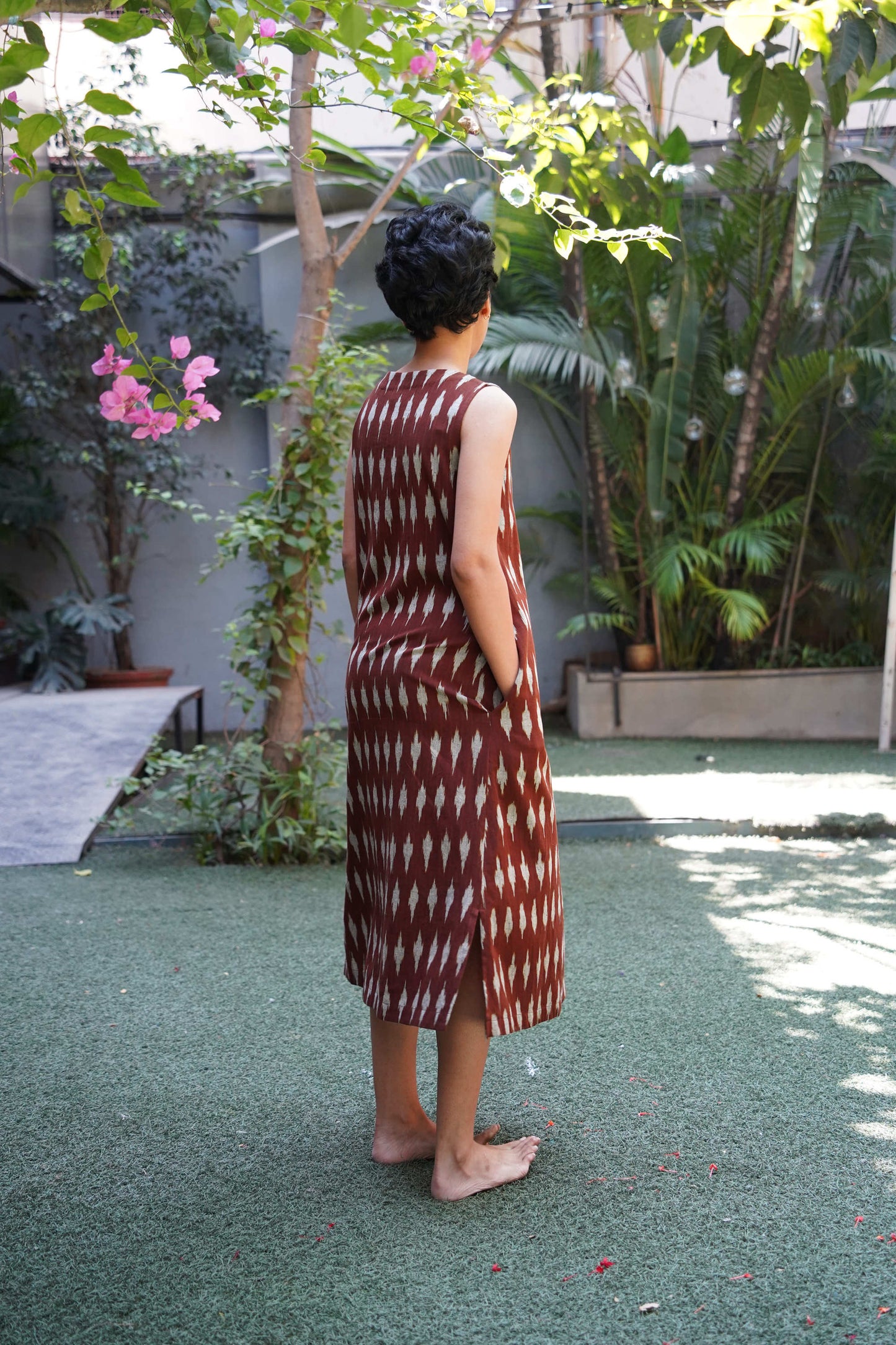 Dark brown ikat cotton A line dress